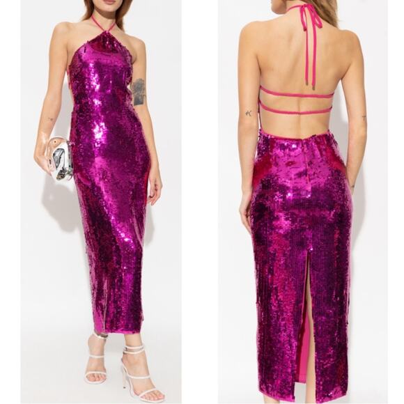CULT GAIA Tasmina Sequin Embellished Halterneck Pink Midi Dress Size Medium - Picture 3 of 10